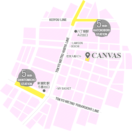 CANVASへの最寄駅からの地図。■日比谷線「八丁堀」駅、JR京葉線「八丁堀」駅からの道順。