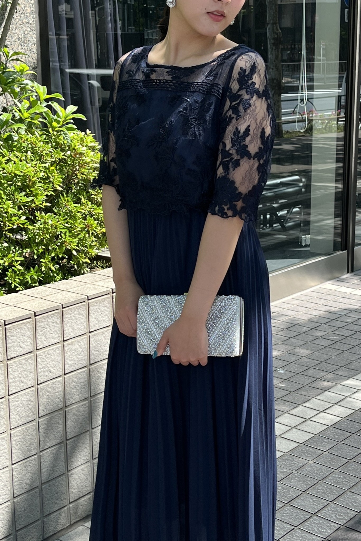 【CANVAS】　ネイビー刺繍レース×プリーツロングスカート（M）｜レンタルドレス